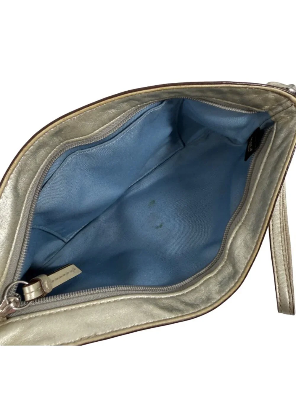 Coach Metallic Silver/Gold Leather Top Zip Clutch Wristlet Detachable Strap